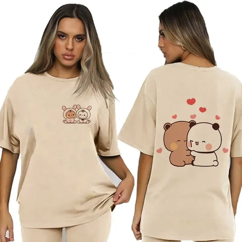 Bubu and Dudu shirt featuring adorable bear and panda designs on a beige t-shirt