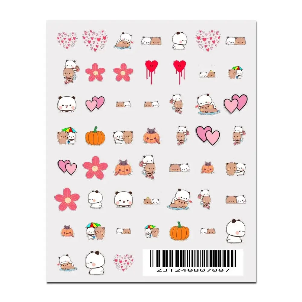 Colorful Bubu and Dudu nail art stickers featuring cute characters, flowers, hearts, and playful designs.