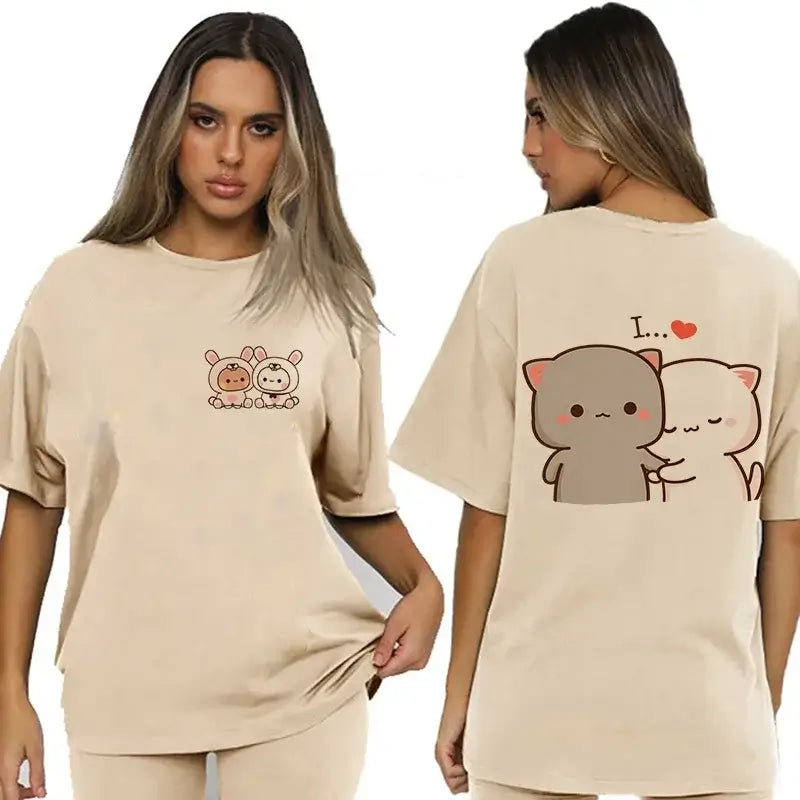 Bubu and Dudu shirt worn by a model, featuring cute character illustrations on a beige t-shirt.
