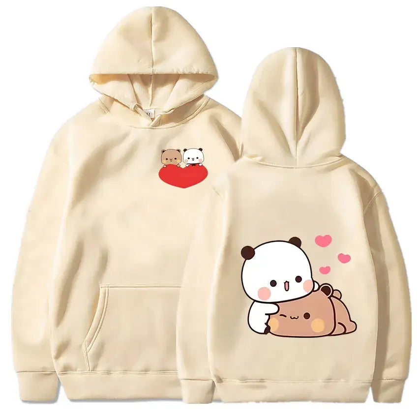 Bubu and Dudu hoodie featuring cute bear and panda designs on a beige background.