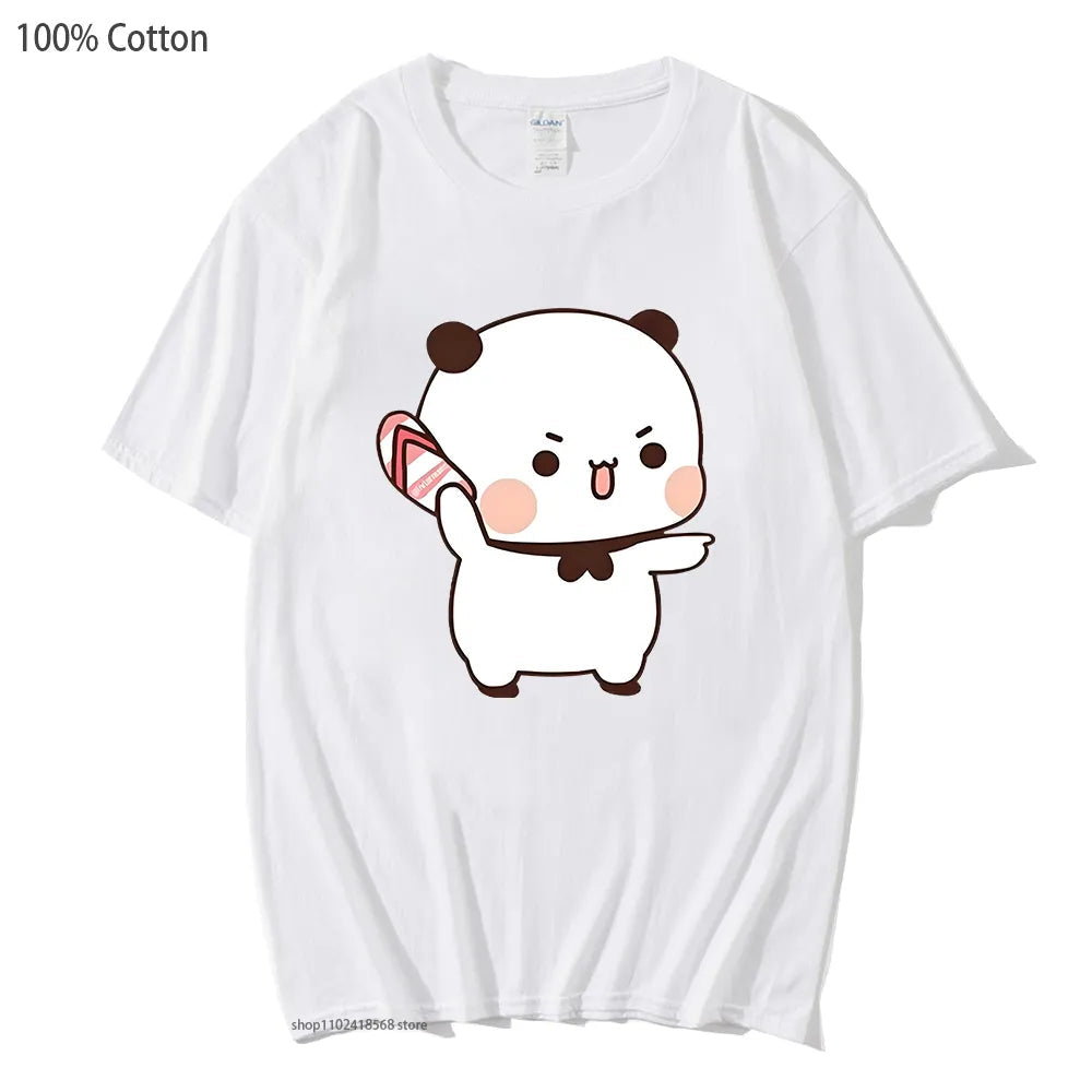 Cute cartoon panda T-shirt design featuring a playful panda holding a candy, perfect for casual wear.
