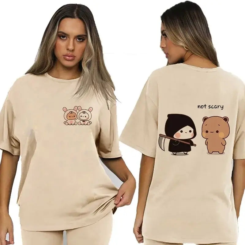 Bubu and Dudu shirt featuring playful characters on front and back in a stylish beige design.
