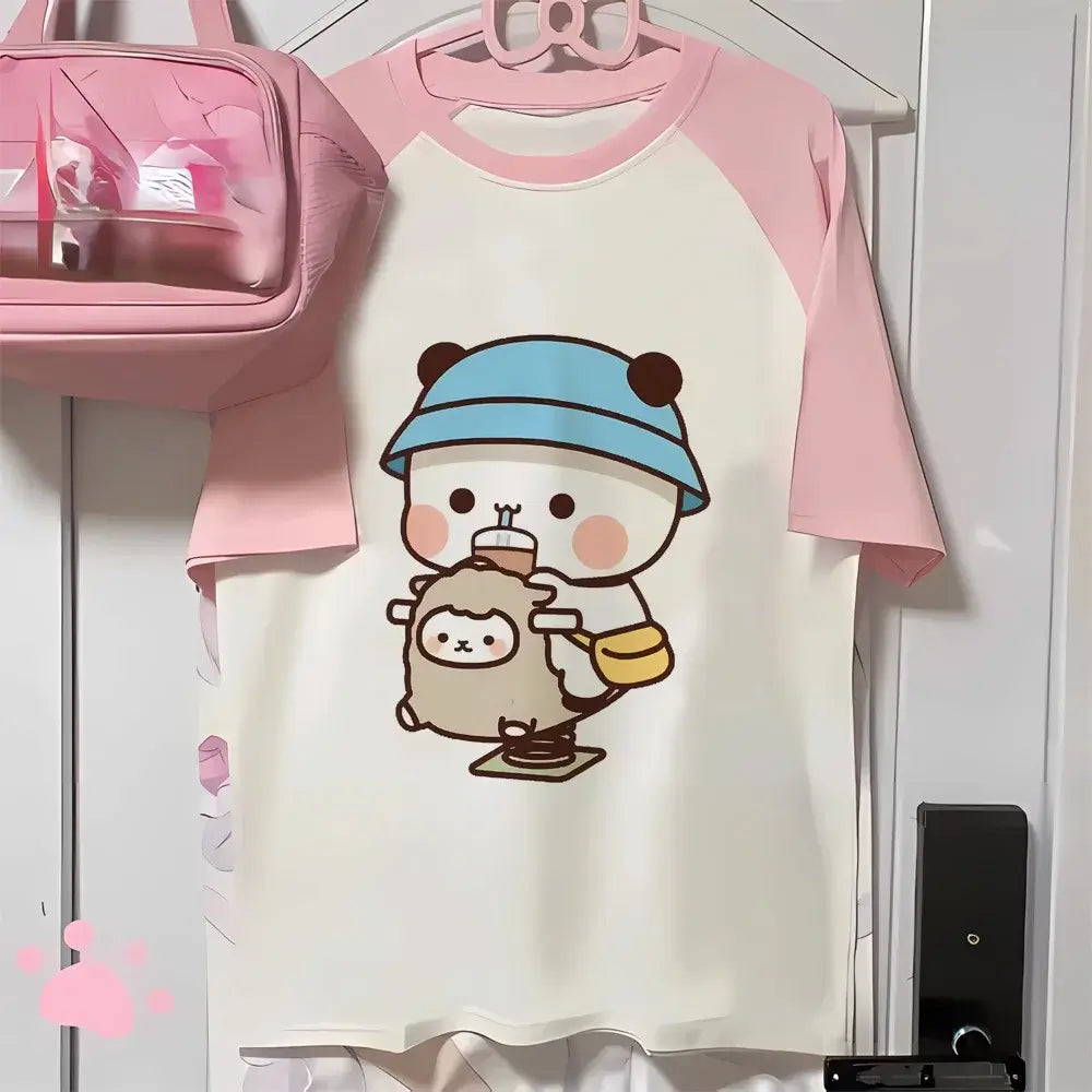Bubu and Dudu women's shirt featuring cute bear character design in pastel colors, perfect for casual wear.