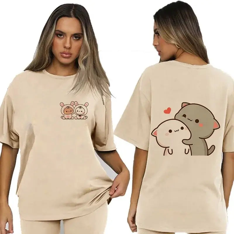 Bubu and Dudu shirts showcasing adorable character illustrations on a stylish beige t-shirt.