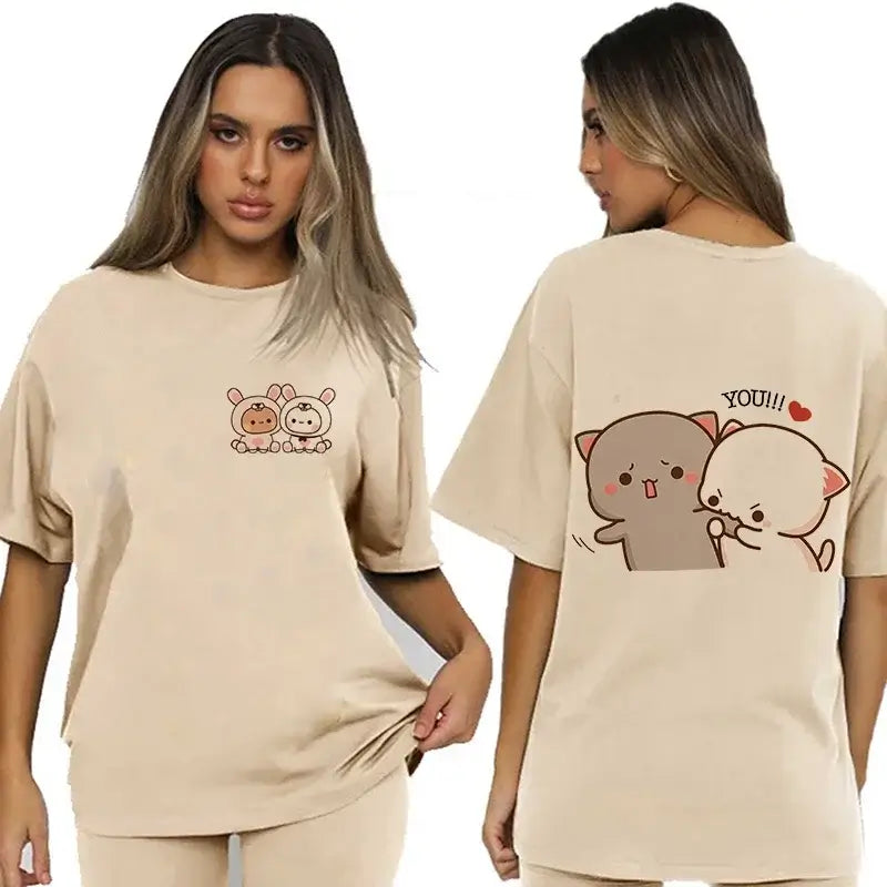 Bubu and Dudu shirt featuring adorable characters on a beige oversized t-shirt, perfect for casual wear.
