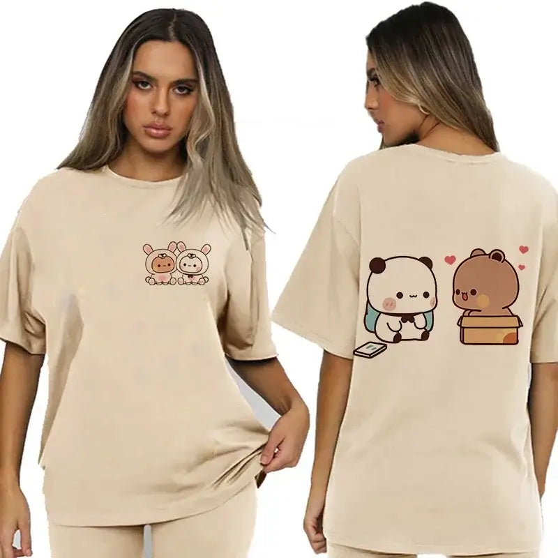 Bubu and Dudu shirt featuring cute illustrations of a panda and bear on a beige t-shirt, perfect for fans.