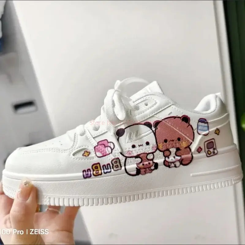 Bubu and Dudu adorable white sneakers with cute bear graphics for everyday wear.