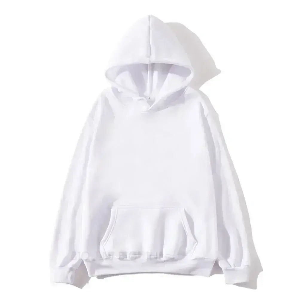 White hoodie with a front pocket and a drawstring hood, perfect for staying cozy and showcasing personal style.