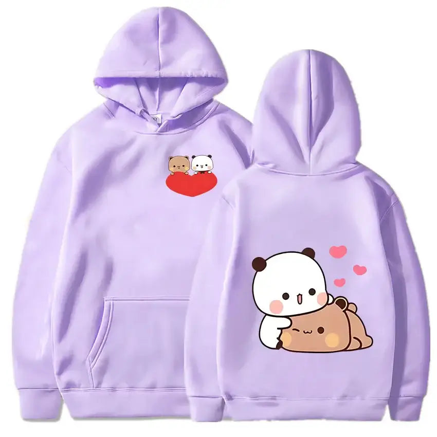 Bubu and Dudu hoodie in lavender featuring cute bear and panda graphics, perfect for cozy wear.