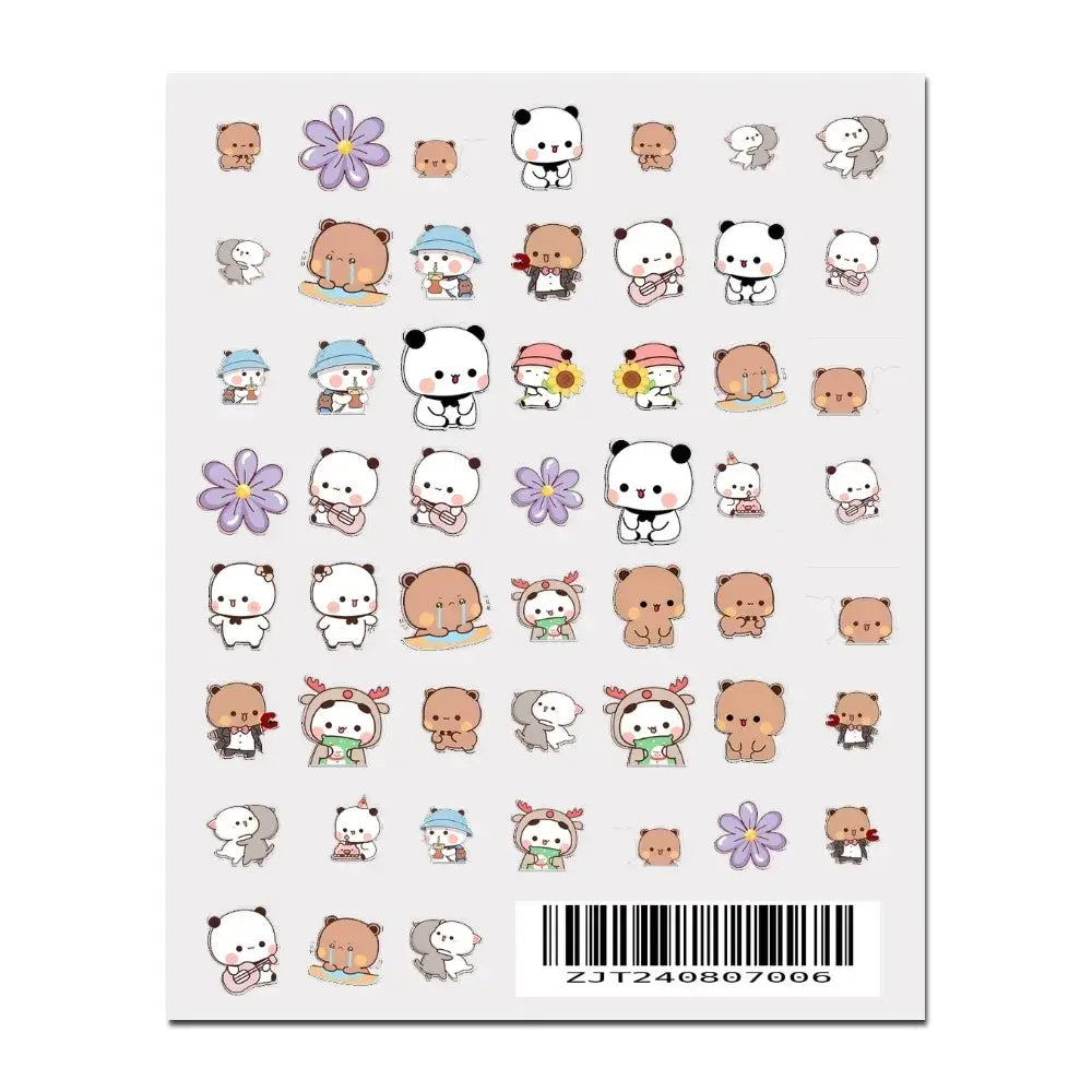 Colorful Bubu and Dudu nail art stickers featuring cute characters and flowers on a design sheet.