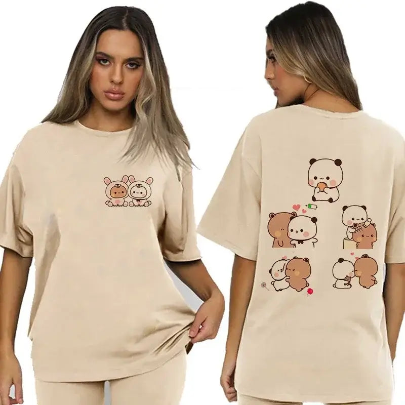 Bubu and Dudu shirt featuring cute illustrations of Bubu the Bear and Dudu the Panda on a beige t-shirt.