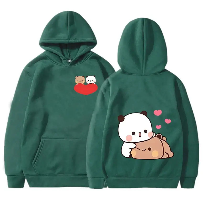 Bubu and Dudu hoodie featuring cute bear and panda graphics on a cozy green hoodie.