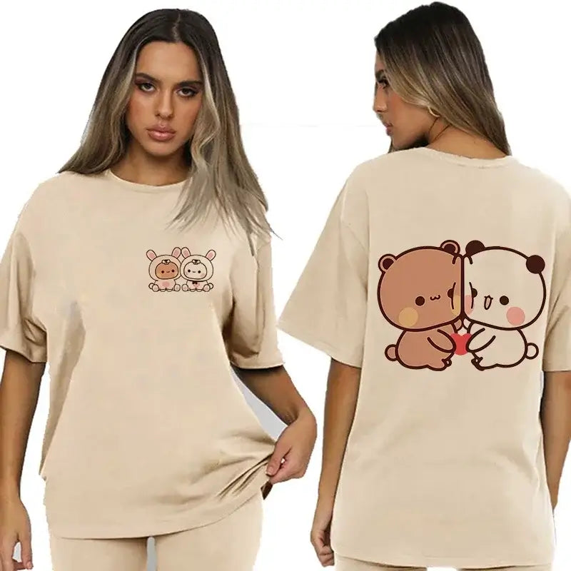 Bubu and Dudu shirt featuring playful bear and panda illustrations on a beige t-shirt, perfect for fans.
