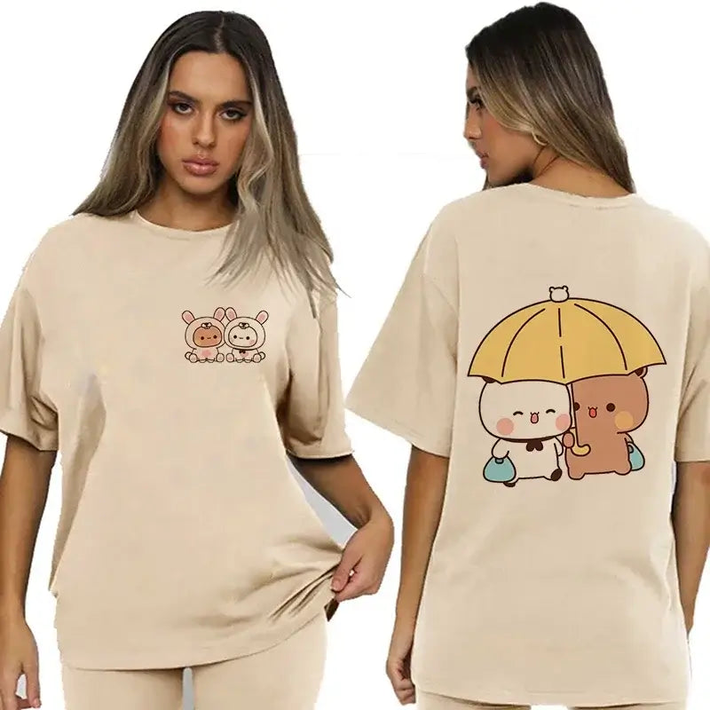 Bubu and Dudu t-shirt in beige featuring cute bear and panda illustrations, perfect for fans.