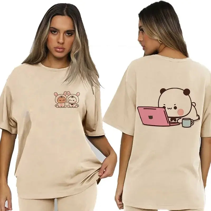 Bubu and Dudu T-Shirt featuring cute bear and panda designs on a beige background.