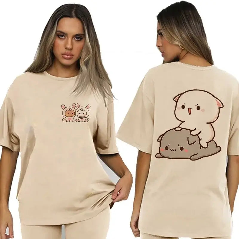 Bubu and Dudu shirt featuring adorable illustrations on a trendy beige t-shirt.