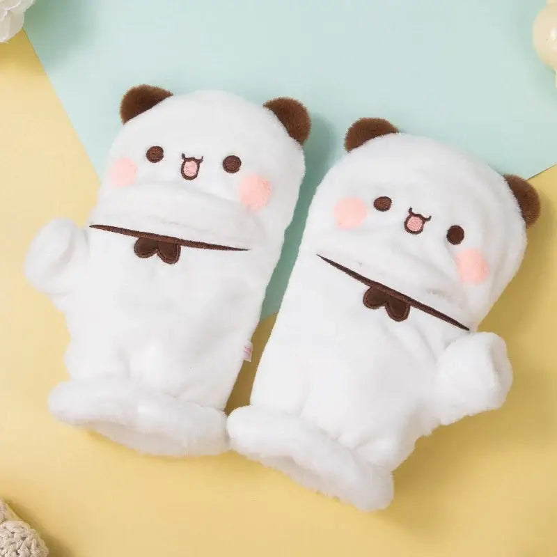 Cute Bubu and Dudu winter gloves featuring fluffy panda design, perfect for keeping hands warm and stylish.
