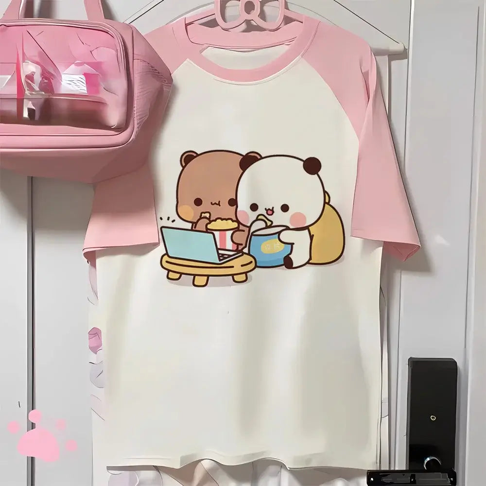 Bubu and Dudu women's shirt featuring adorable bear characters enjoying snacks together, perfect for casual wear.